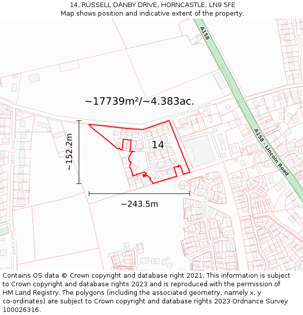 14, RUSSELL DANBY DRIVE, HORNCASTLE, LN9 5FE: Plot and title map