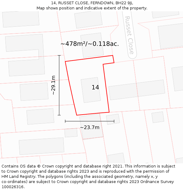 14, RUSSET CLOSE, FERNDOWN, BH22 9JL: Plot and title map