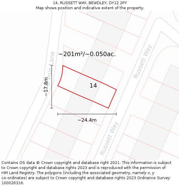 14, RUSSETT WAY, BEWDLEY, DY12 2PY: Plot and title map