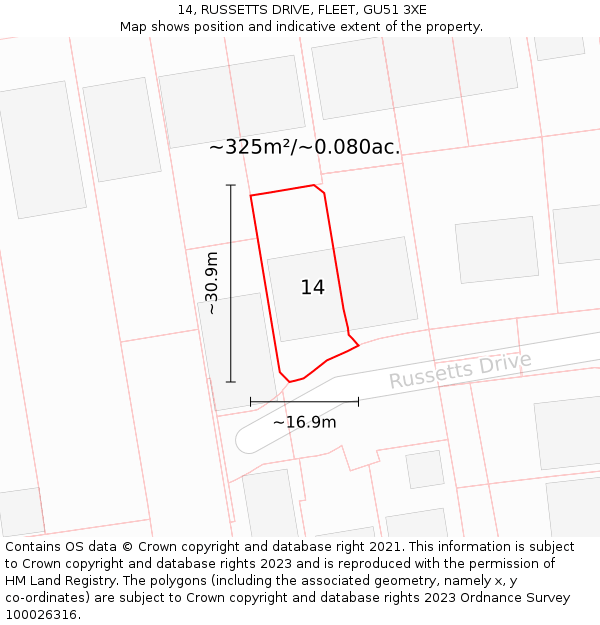 14, RUSSETTS DRIVE, FLEET, GU51 3XE: Plot and title map