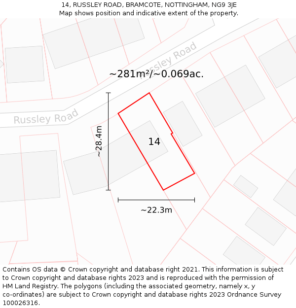 14, RUSSLEY ROAD, BRAMCOTE, NOTTINGHAM, NG9 3JE: Plot and title map