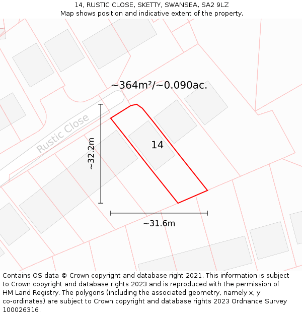 14, RUSTIC CLOSE, SKETTY, SWANSEA, SA2 9LZ: Plot and title map