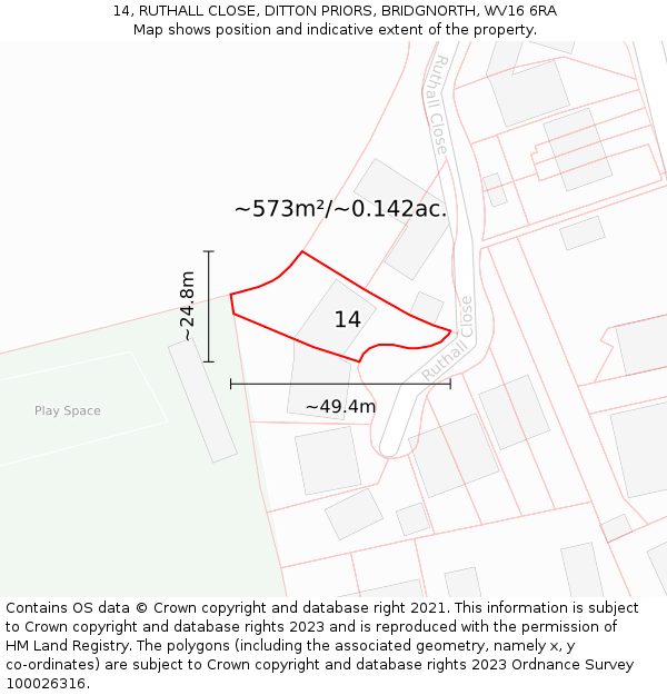 14, RUTHALL CLOSE, DITTON PRIORS, BRIDGNORTH, WV16 6RA: Plot and title map