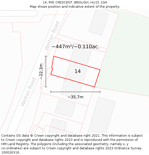 14, RYE CRESCENT, BROUGH, HU15 1GA: Plot and title map