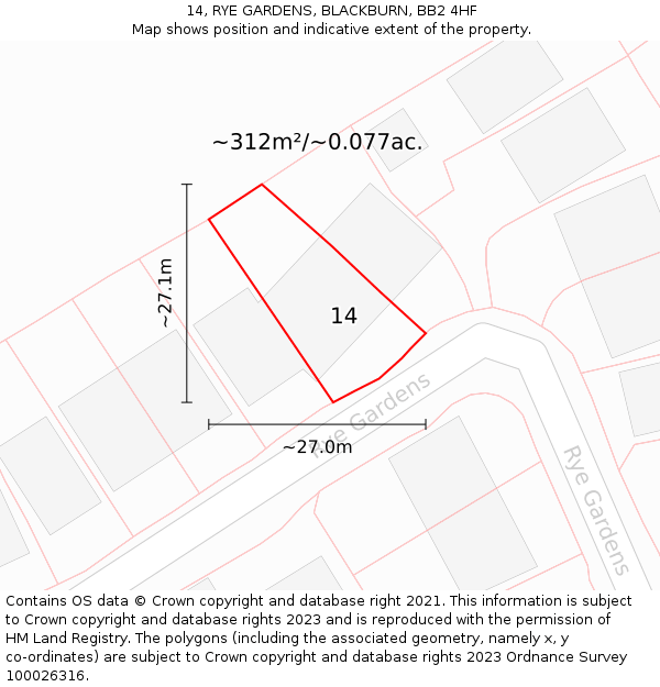 14, RYE GARDENS, BLACKBURN, BB2 4HF: Plot and title map