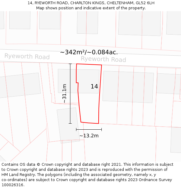 14, RYEWORTH ROAD, CHARLTON KINGS, CHELTENHAM, GL52 6LH: Plot and title map