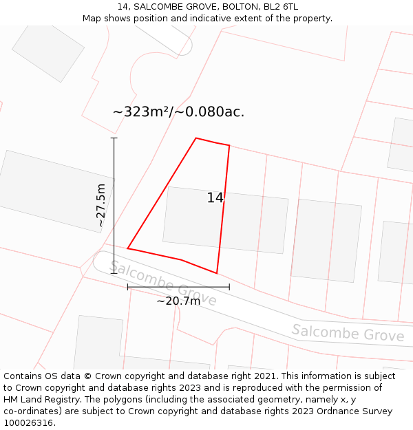 14, SALCOMBE GROVE, BOLTON, BL2 6TL: Plot and title map