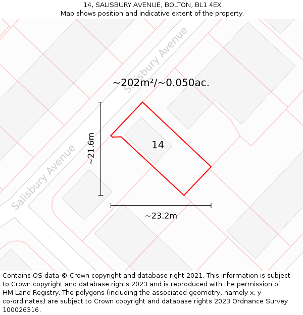 14, SALISBURY AVENUE, BOLTON, BL1 4EX: Plot and title map