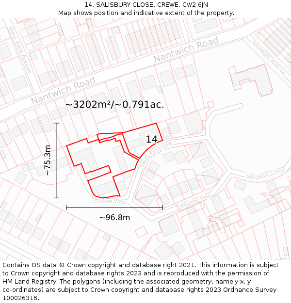 14, SALISBURY CLOSE, CREWE, CW2 6JN: Plot and title map