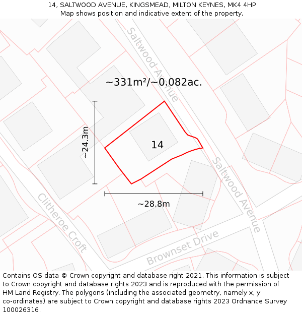 14, SALTWOOD AVENUE, KINGSMEAD, MILTON KEYNES, MK4 4HP: Plot and title map