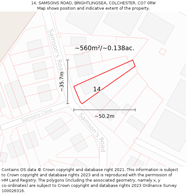 14, SAMSONS ROAD, BRIGHTLINGSEA, COLCHESTER, CO7 0RW: Plot and title map