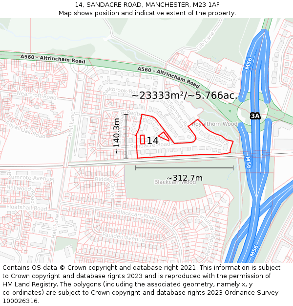 14, SANDACRE ROAD, MANCHESTER, M23 1AF: Plot and title map