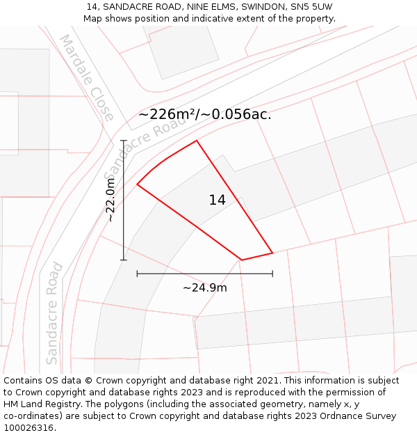 14, SANDACRE ROAD, NINE ELMS, SWINDON, SN5 5UW: Plot and title map