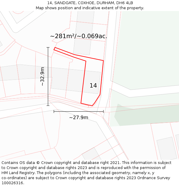 14, SANDGATE, COXHOE, DURHAM, DH6 4LB: Plot and title map