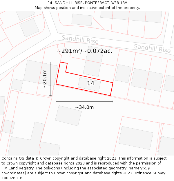 14, SANDHILL RISE, PONTEFRACT, WF8 1RA: Plot and title map