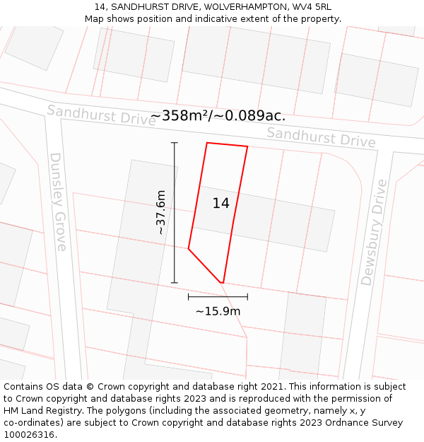 14, SANDHURST DRIVE, WOLVERHAMPTON, WV4 5RL: Plot and title map