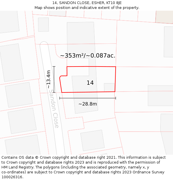 14, SANDON CLOSE, ESHER, KT10 8JE: Plot and title map