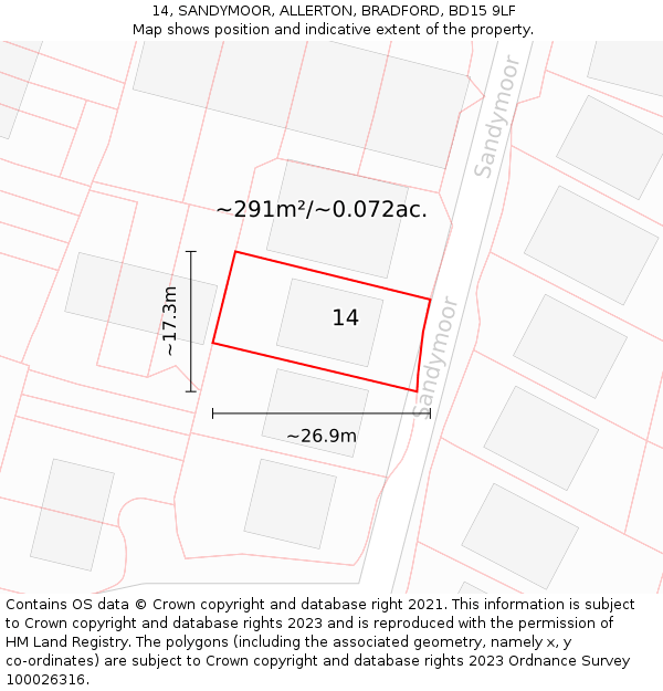 14, SANDYMOOR, ALLERTON, BRADFORD, BD15 9LF: Plot and title map