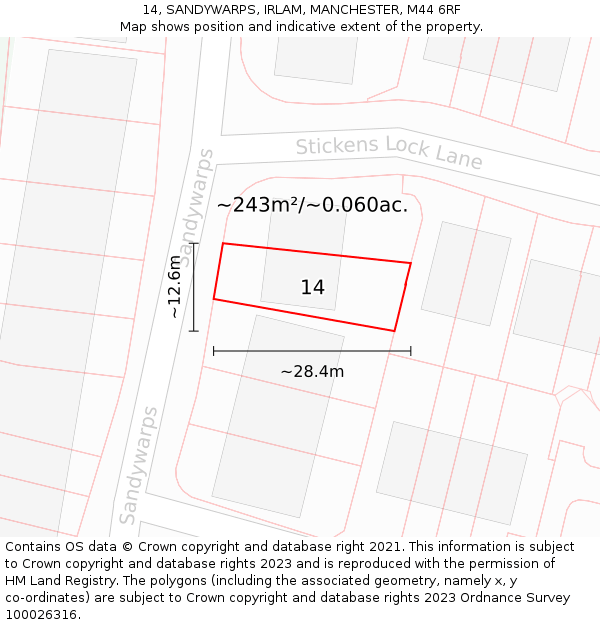 14, SANDYWARPS, IRLAM, MANCHESTER, M44 6RF: Plot and title map