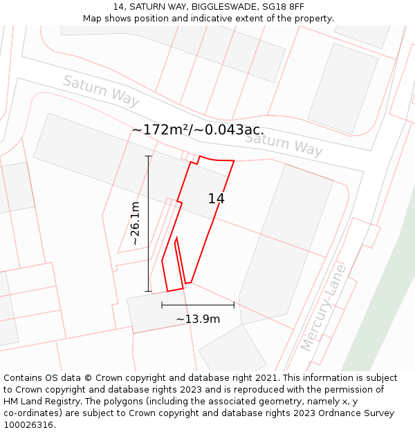 14, SATURN WAY, BIGGLESWADE, SG18 8FF: Plot and title map