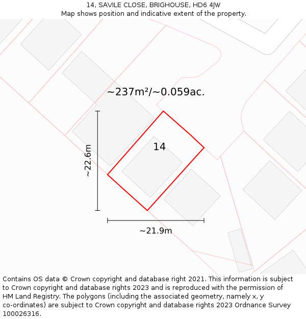 14, SAVILE CLOSE, BRIGHOUSE, HD6 4JW: Plot and title map