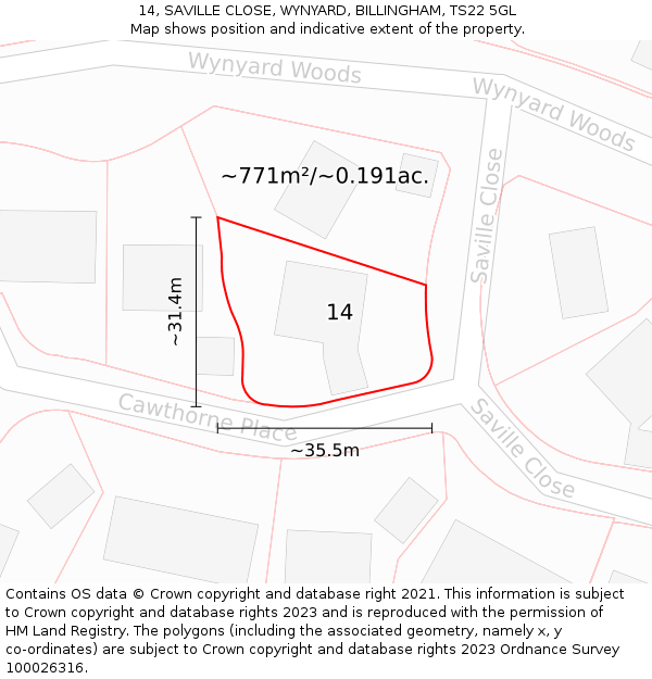 14, SAVILLE CLOSE, WYNYARD, BILLINGHAM, TS22 5GL: Plot and title map