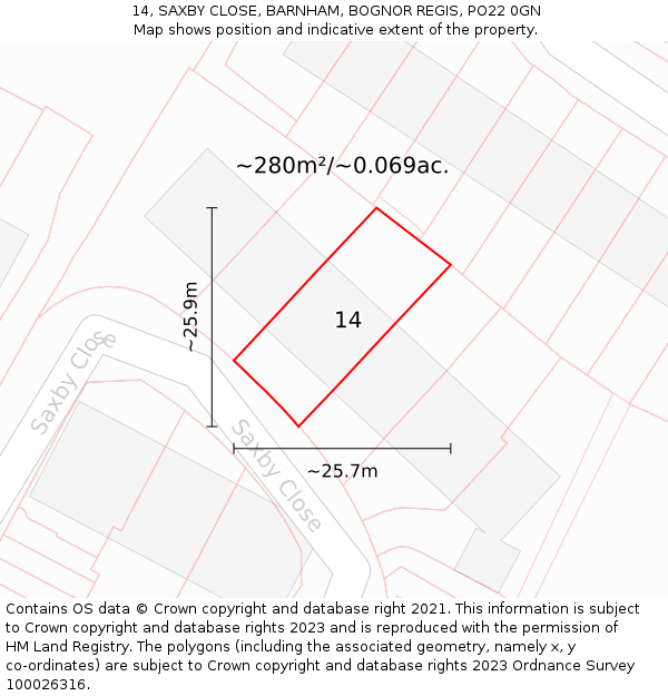 14, SAXBY CLOSE, BARNHAM, BOGNOR REGIS, PO22 0GN: Plot and title map