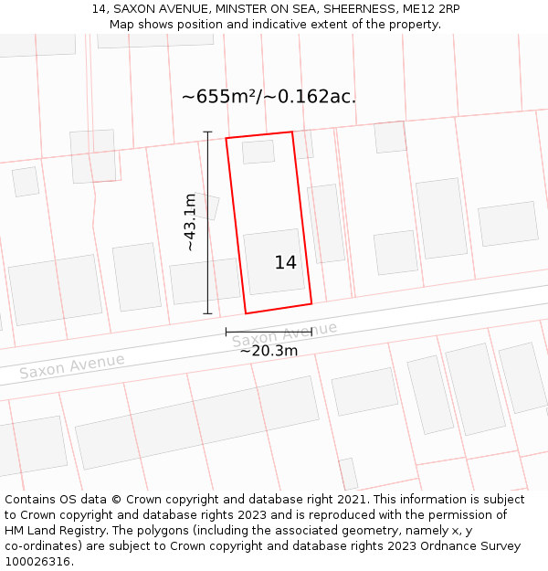 14, SAXON AVENUE, MINSTER ON SEA, SHEERNESS, ME12 2RP: Plot and title map