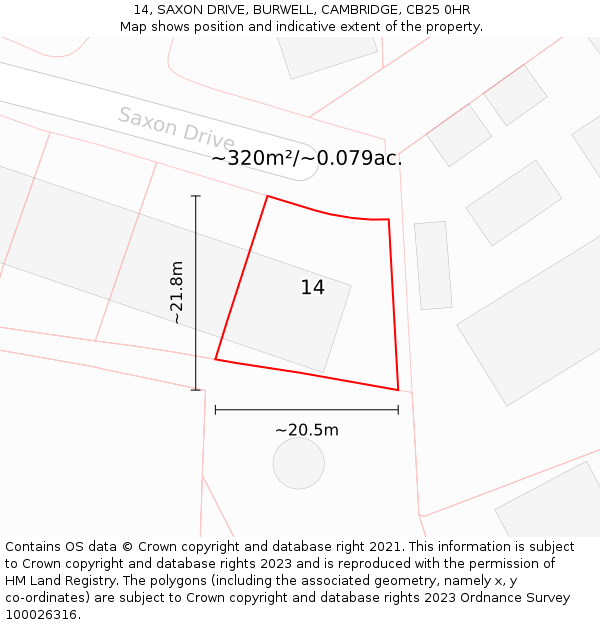 14, SAXON DRIVE, BURWELL, CAMBRIDGE, CB25 0HR: Plot and title map