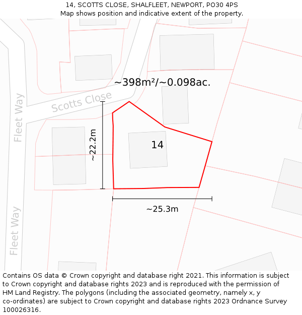 14, SCOTTS CLOSE, SHALFLEET, NEWPORT, PO30 4PS: Plot and title map