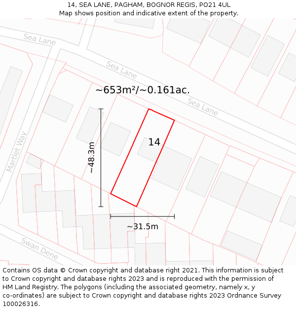 14, SEA LANE, PAGHAM, BOGNOR REGIS, PO21 4UL: Plot and title map