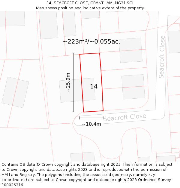 14, SEACROFT CLOSE, GRANTHAM, NG31 9GL: Plot and title map