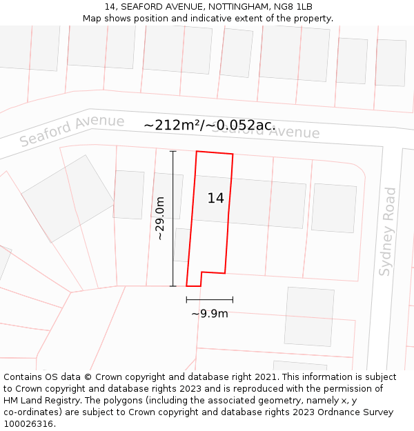 14, SEAFORD AVENUE, NOTTINGHAM, NG8 1LB: Plot and title map