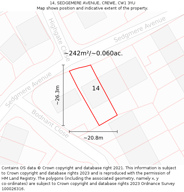 14, SEDGEMERE AVENUE, CREWE, CW1 3YU: Plot and title map