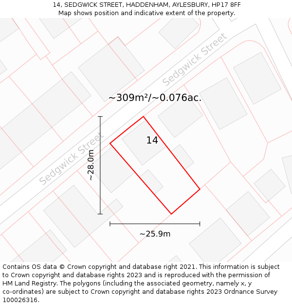 14, SEDGWICK STREET, HADDENHAM, AYLESBURY, HP17 8FF: Plot and title map