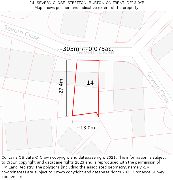 14, SEVERN CLOSE, STRETTON, BURTON-ON-TRENT, DE13 0YB: Plot and title map