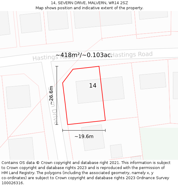 14, SEVERN DRIVE, MALVERN, WR14 2SZ: Plot and title map