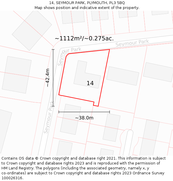 14, SEYMOUR PARK, PLYMOUTH, PL3 5BQ: Plot and title map