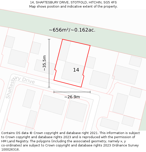 14, SHAFTESBURY DRIVE, STOTFOLD, HITCHIN, SG5 4FS: Plot and title map