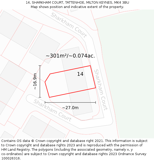 14, SHARKHAM COURT, TATTENHOE, MILTON KEYNES, MK4 3BU: Plot and title map