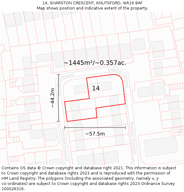14, SHARSTON CRESCENT, KNUTSFORD, WA16 8AF: Plot and title map