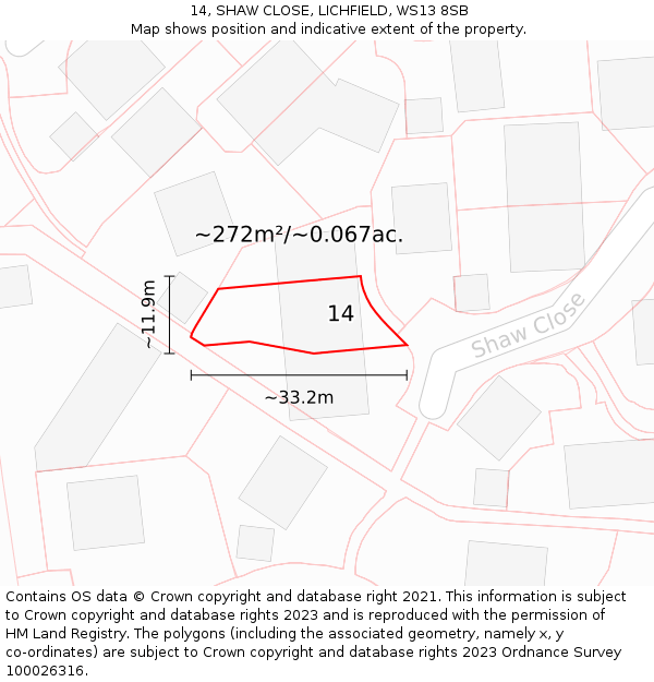 14, SHAW CLOSE, LICHFIELD, WS13 8SB: Plot and title map