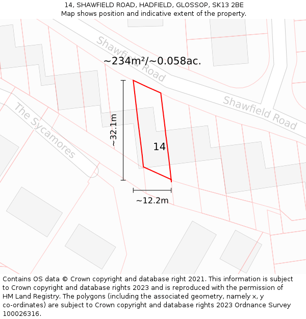 14, SHAWFIELD ROAD, HADFIELD, GLOSSOP, SK13 2BE: Plot and title map