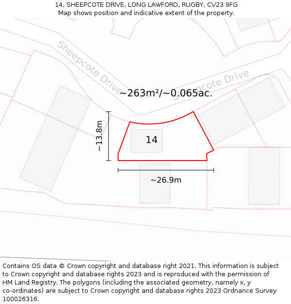 14, SHEEPCOTE DRIVE, LONG LAWFORD, RUGBY, CV23 9FG: Plot and title map