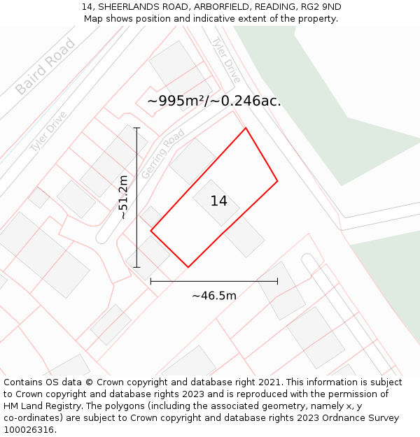 14, SHEERLANDS ROAD, ARBORFIELD, READING, RG2 9ND: Plot and title map