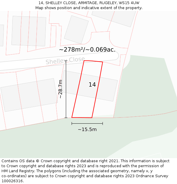 14, SHELLEY CLOSE, ARMITAGE, RUGELEY, WS15 4UW: Plot and title map