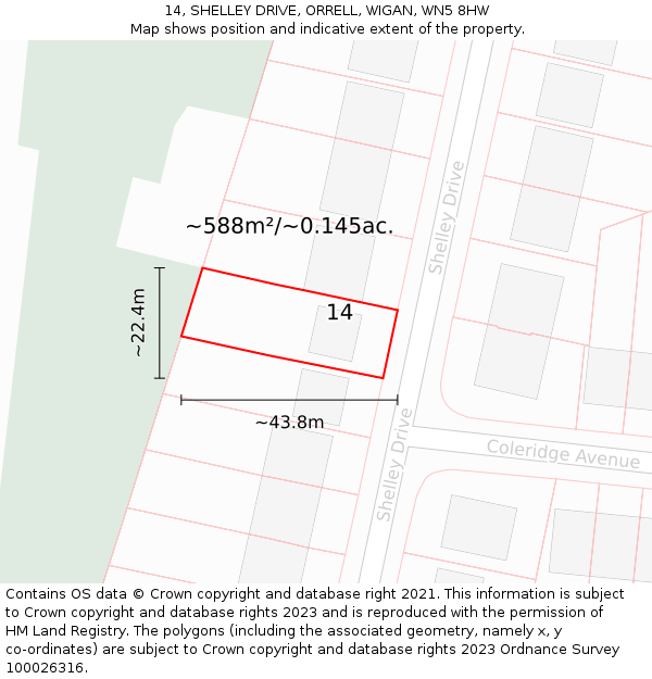 14, SHELLEY DRIVE, ORRELL, WIGAN, WN5 8HW: Plot and title map