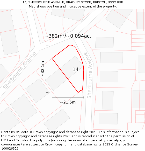 14, SHERBOURNE AVENUE, BRADLEY STOKE, BRISTOL, BS32 8BB: Plot and title map