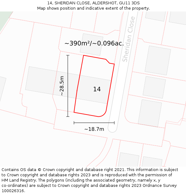 14, SHERIDAN CLOSE, ALDERSHOT, GU11 3DS: Plot and title map