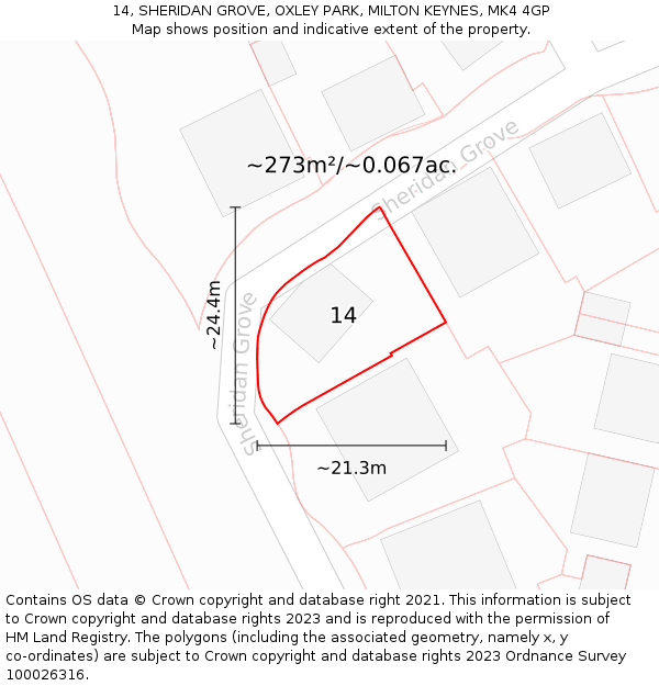 14, SHERIDAN GROVE, OXLEY PARK, MILTON KEYNES, MK4 4GP: Plot and title map